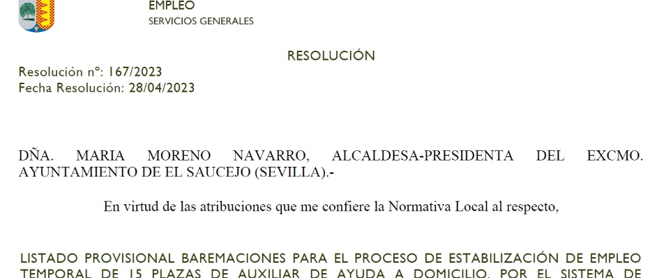 LISTADO PROVISIONAL BAREMACIONES AYUDA A DOMICILIO