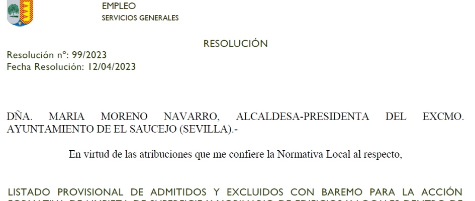 LISTADO PROVISIONAL DE ADMITIDOS Y EXCLUIDOS CON BAREMO LIMPIEZA