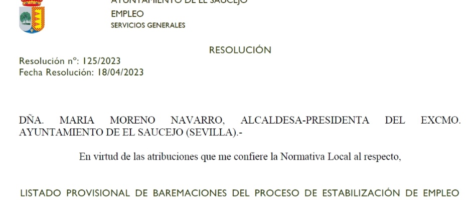 LISTADO PROVISIONAL DE BAREMACIONES DEL PROCESO DE ESTABILIZACIÓN DE EMPLEO